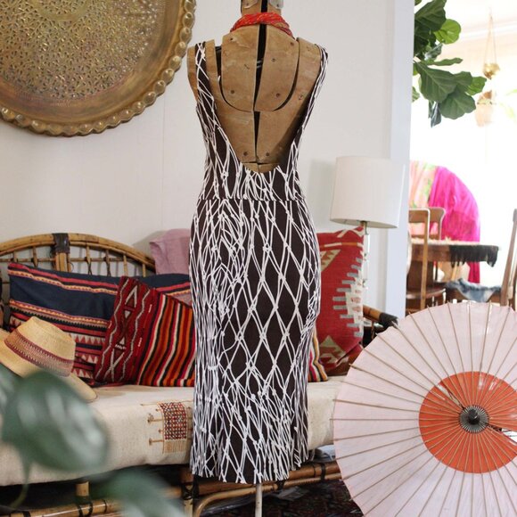 Y2K DVF Abstract fishnet print brown and white silk jersey scoop back dress - Picture 4 of 9